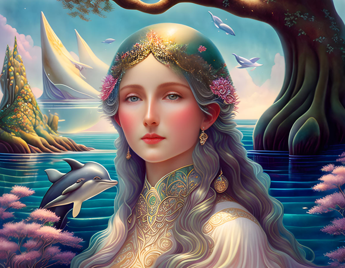 Fantasy artwork: Serene woman with dolphins, lush tree, twilight glow