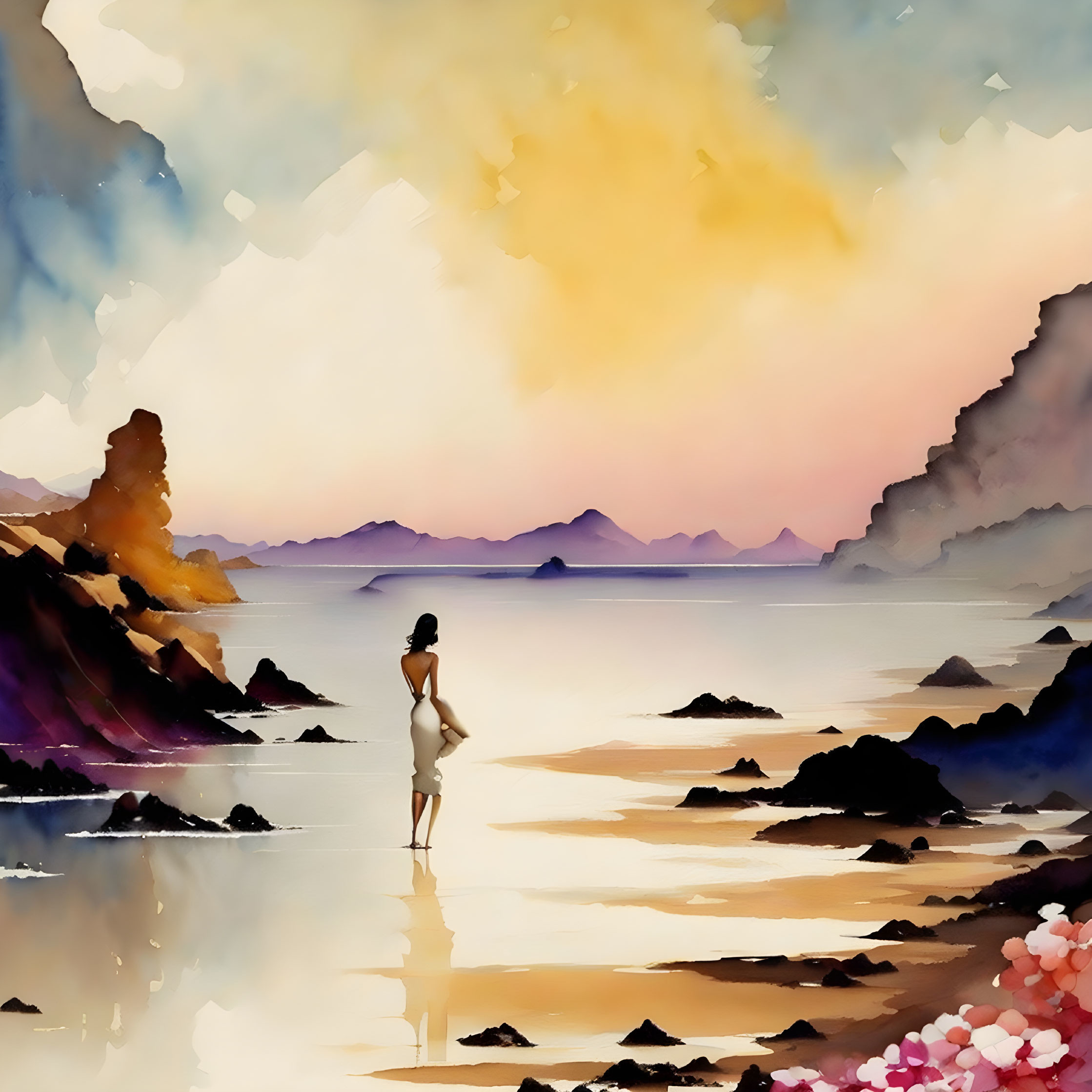 Person's silhouette on tranquil shore with watercolor hues reflecting in water amid mountainous sunset landscape