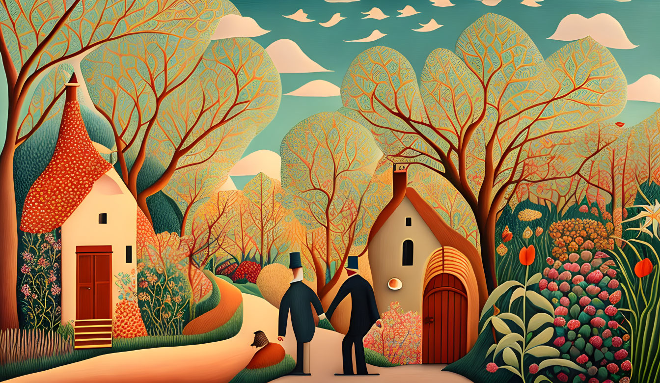 Colorful houses, trees, and sky with two people and a dog walking - whimsical scenery.