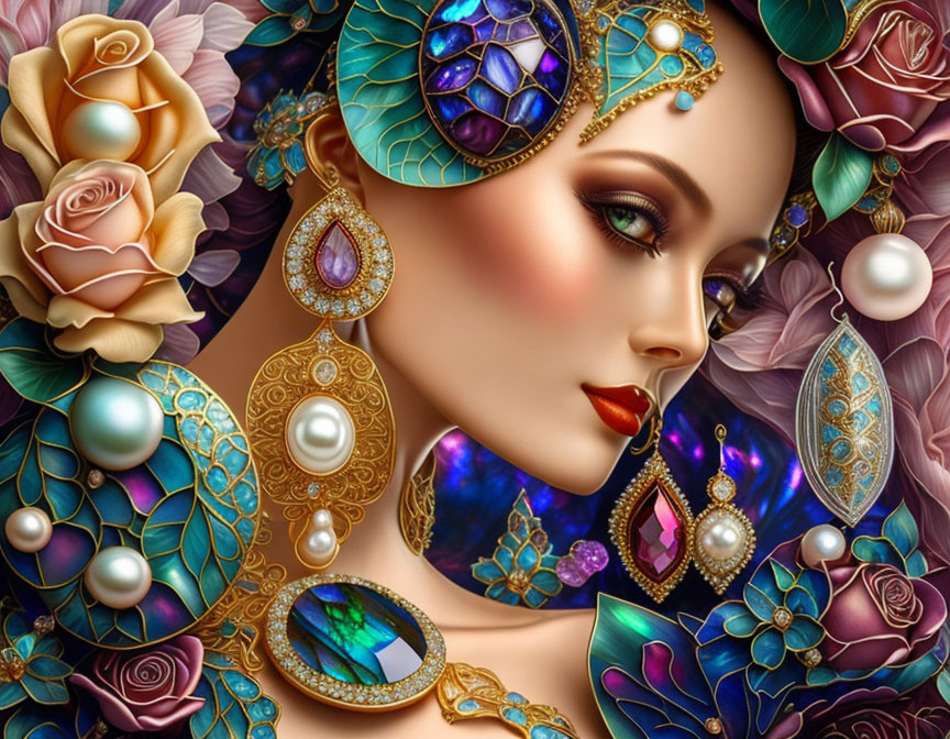 Detailed illustration of woman in luxurious jewelry among stylized roses