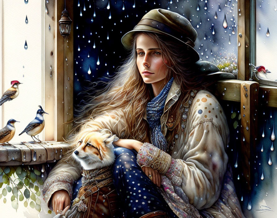 Woman with long hair holding a dog by window with birds in snowfall