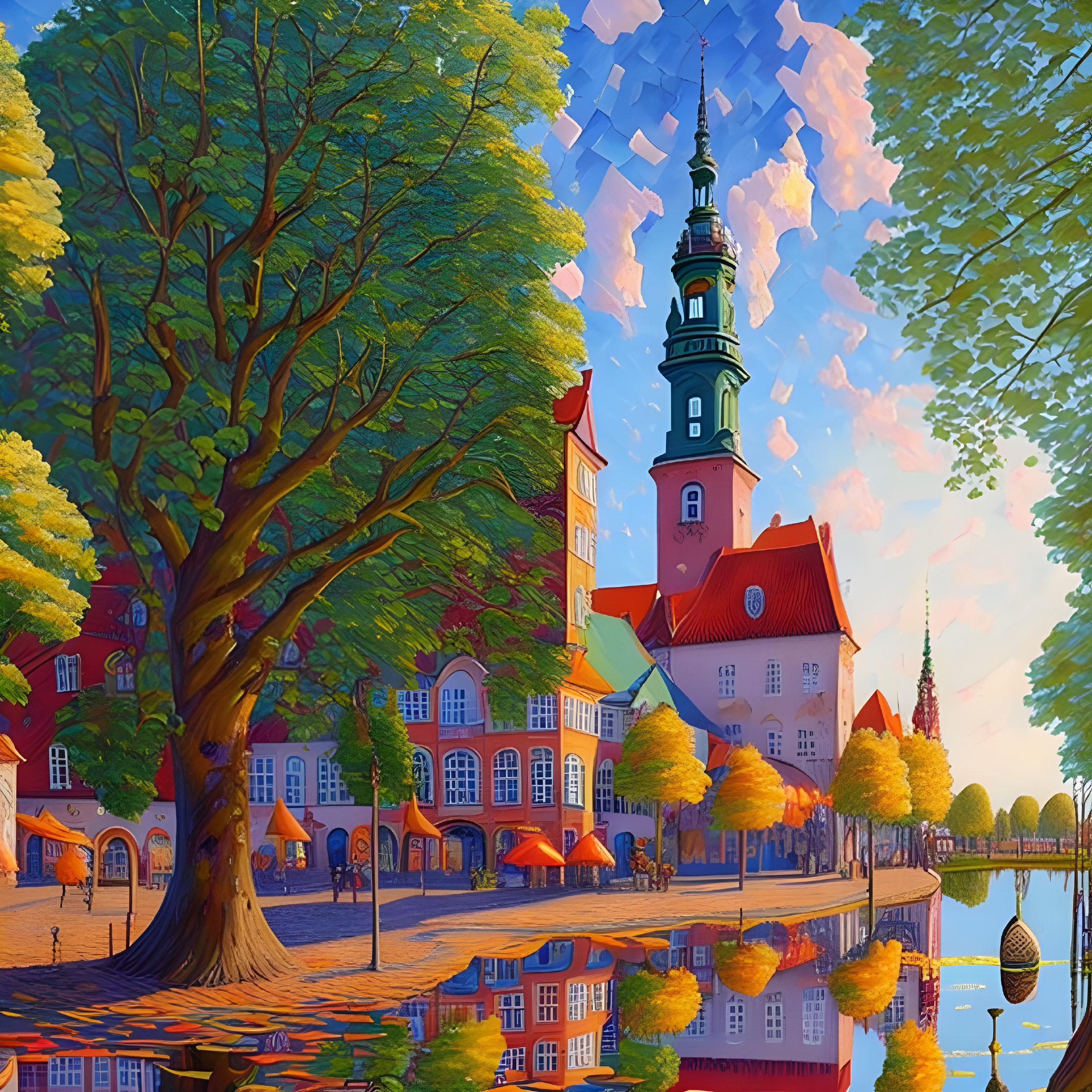 Vibrant town illustration with historical buildings and spire