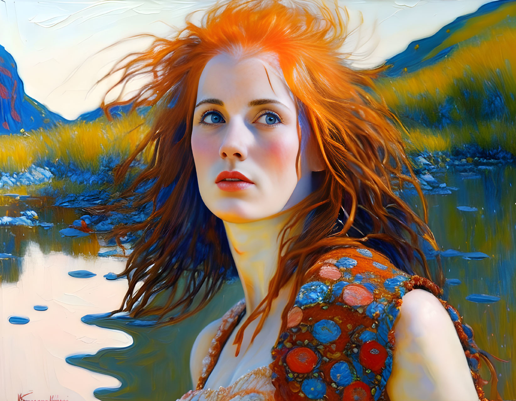 Colorful painting: Woman with red hair in beaded top, vibrant nature background