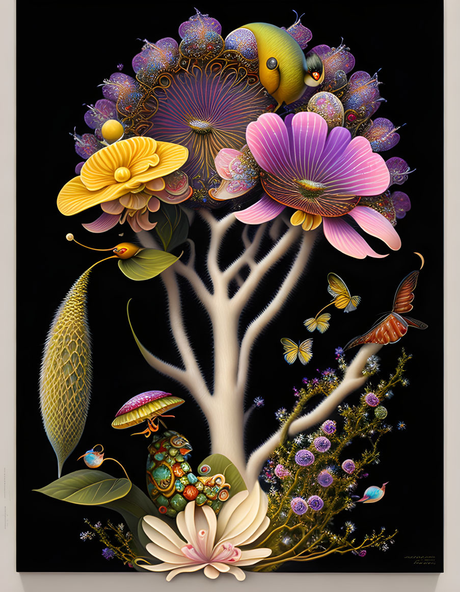 Colorful surreal tree artwork with fish leaves and butterflies