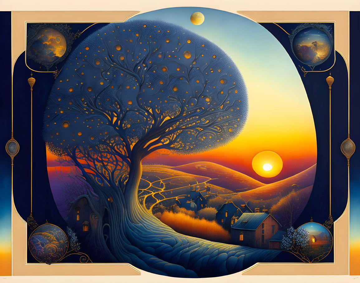 Fantastical cosmic tree over serene landscape at sunset