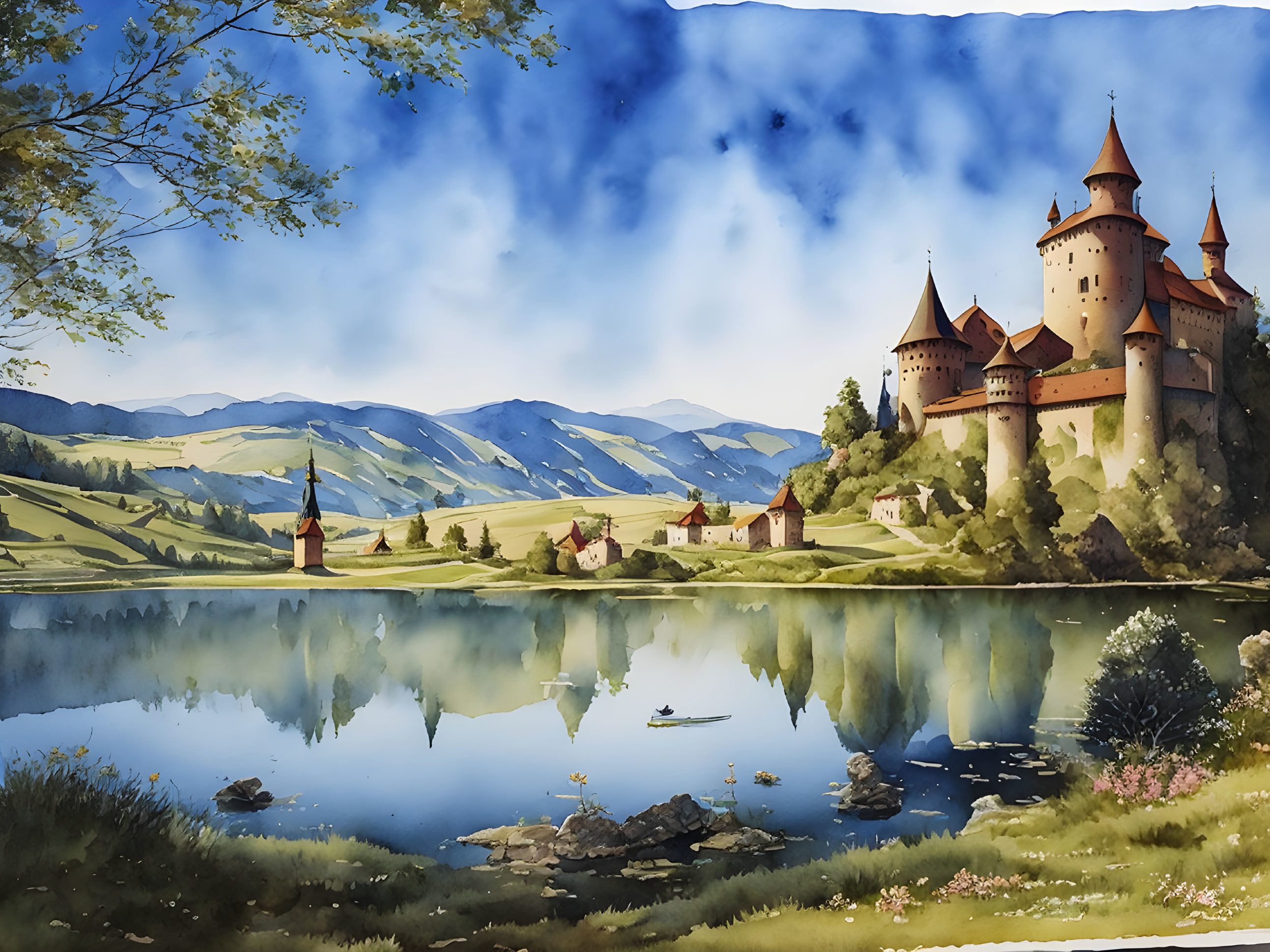 Grand castle by tranquil lake in watercolor.