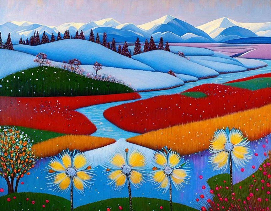 Colorful landscape painting with rolling hills, river, flowers, trees, and mountains.