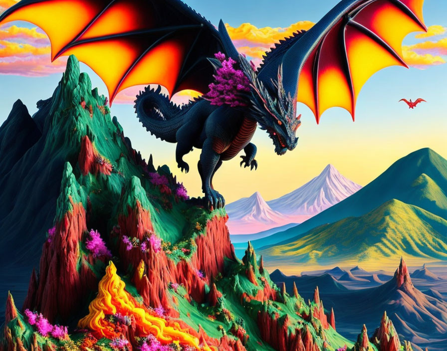 Colorful Dragon Illustration on Mountain Landscape with Lava