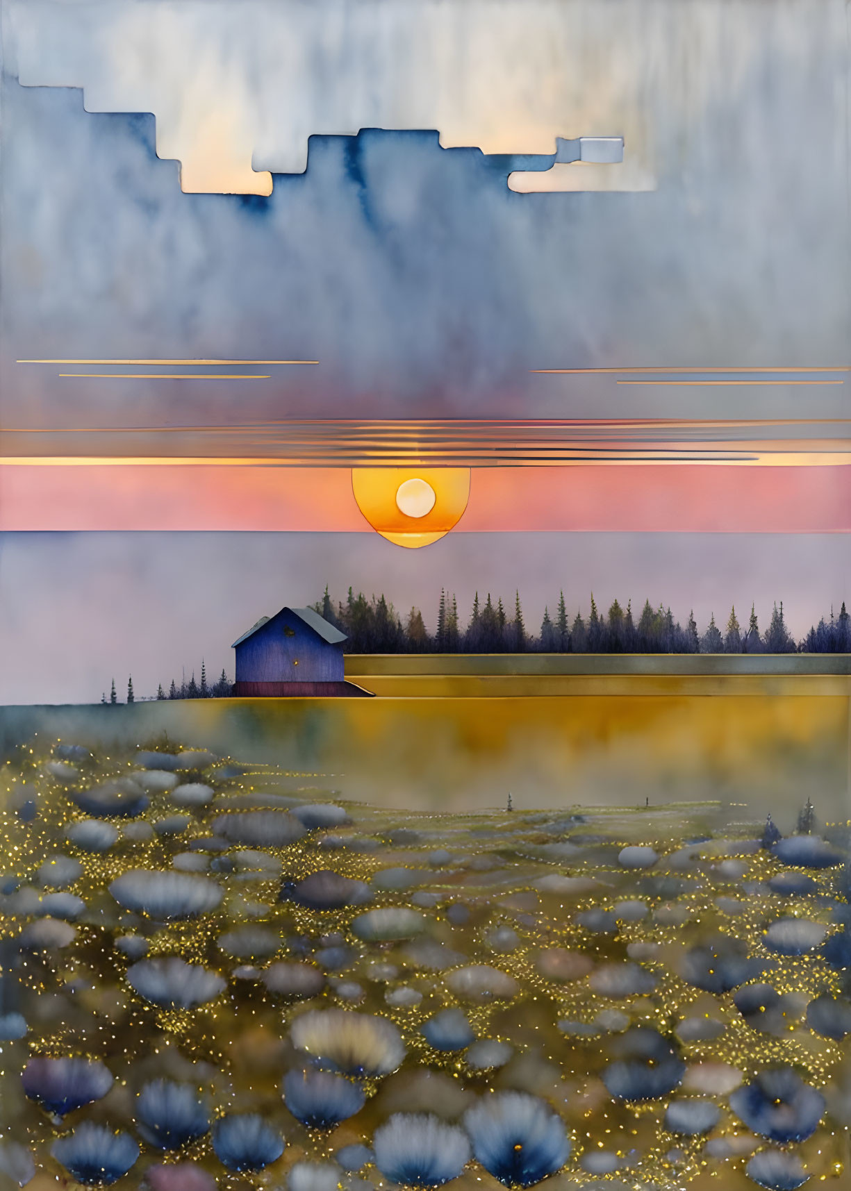 Surreal landscape painting: cabin, lake, sunset, dandelion seeds, abstract horizon lines