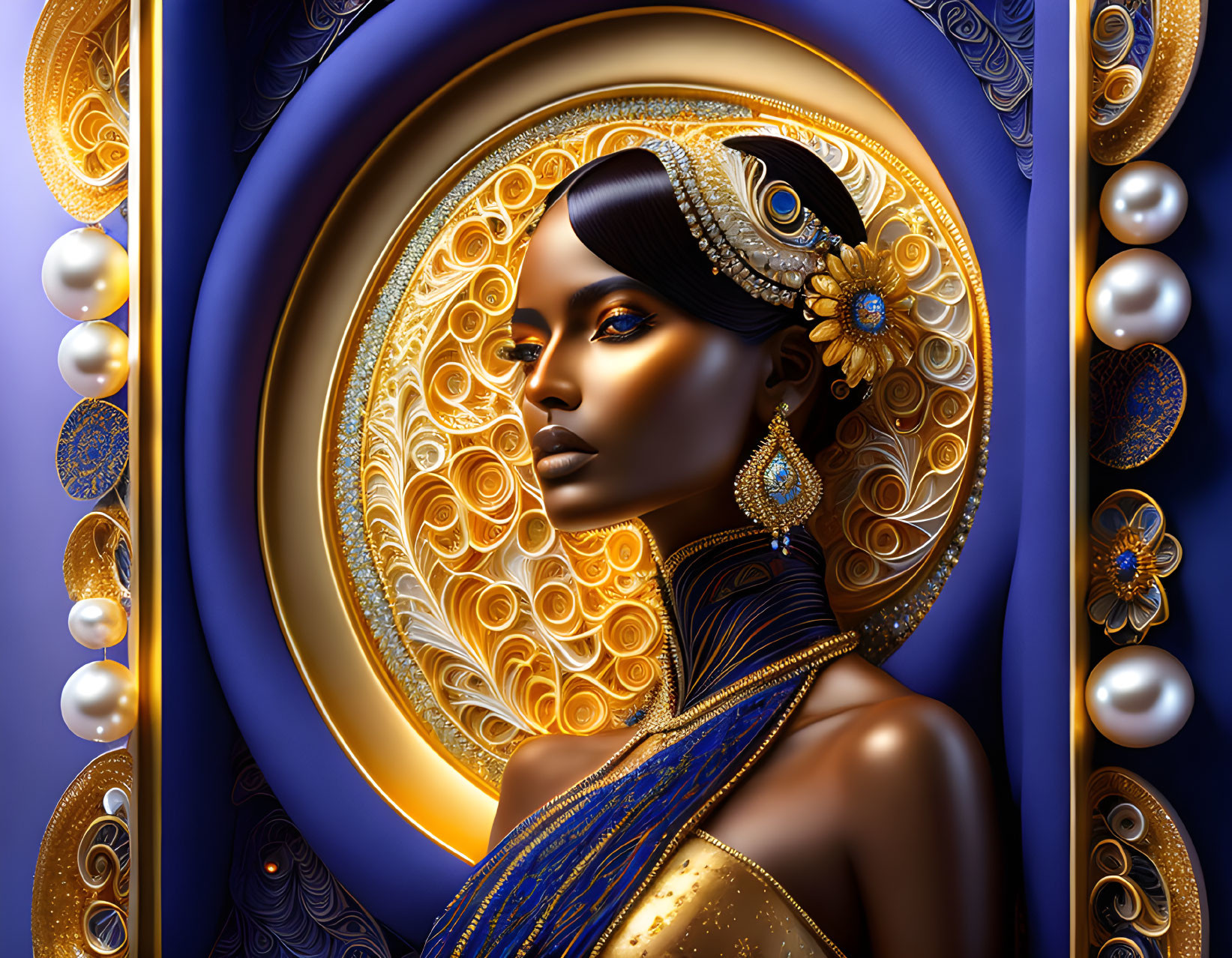 Woman adorned with gold jewelry and pearls in ornate blue and gold background