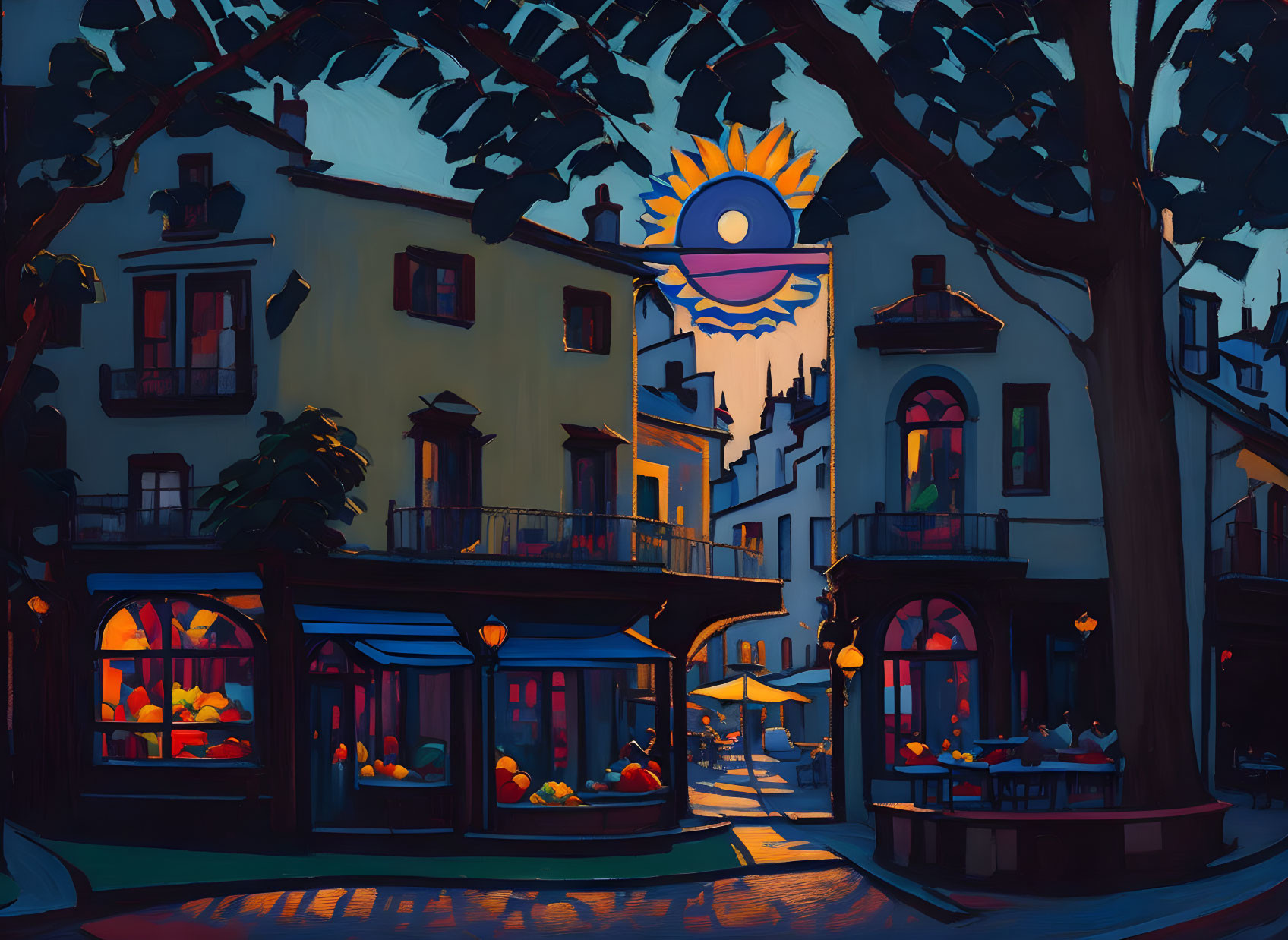 Charming town street scene with cozy buildings and sunset ambiance