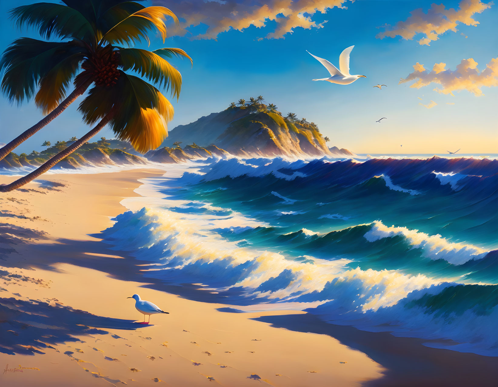 Sunset tropical beach with palm trees, crashing waves, seagulls, and island view