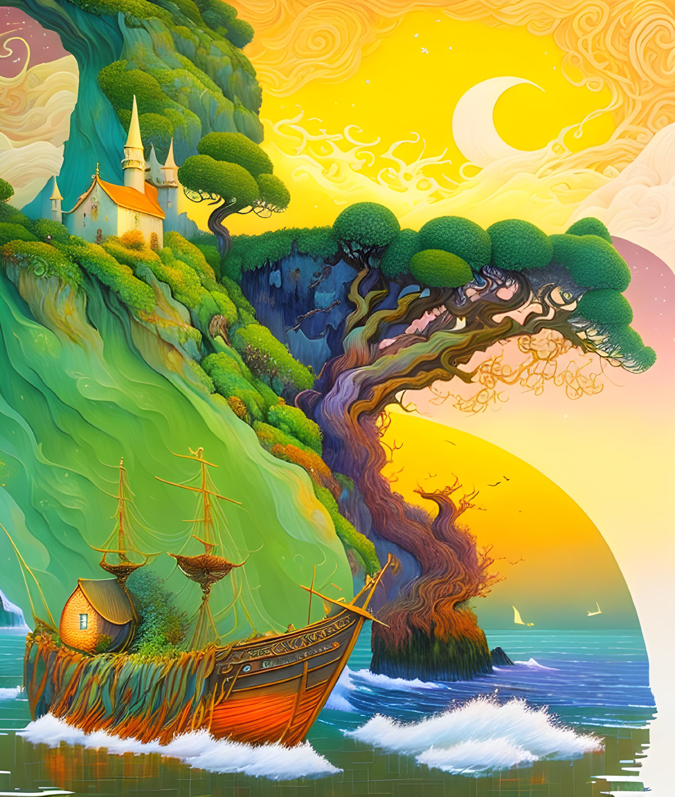 Fantastical landscape with ship, castle, and sunset.