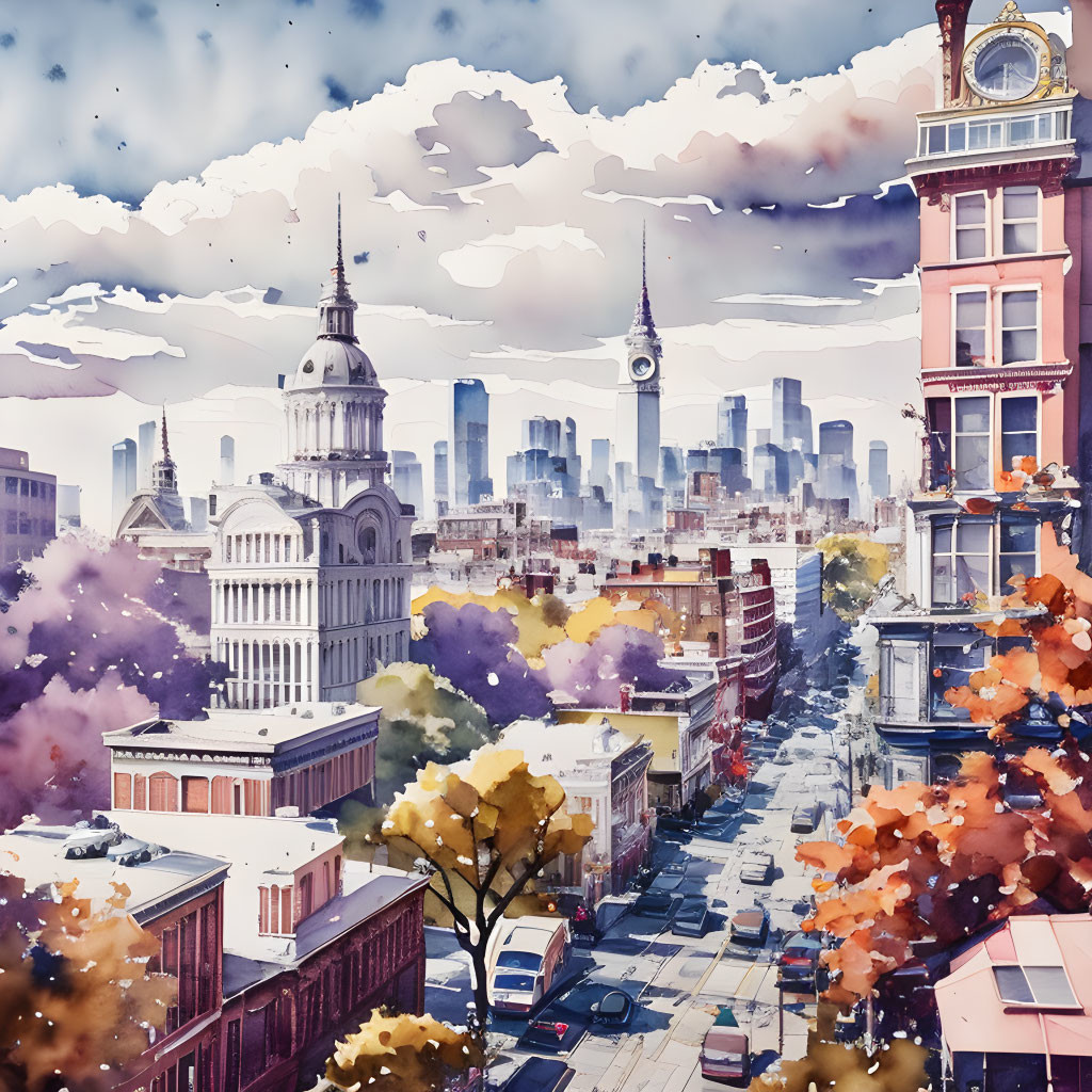 Anime-style cityscape illustration with autumn foliage and skyscrapers