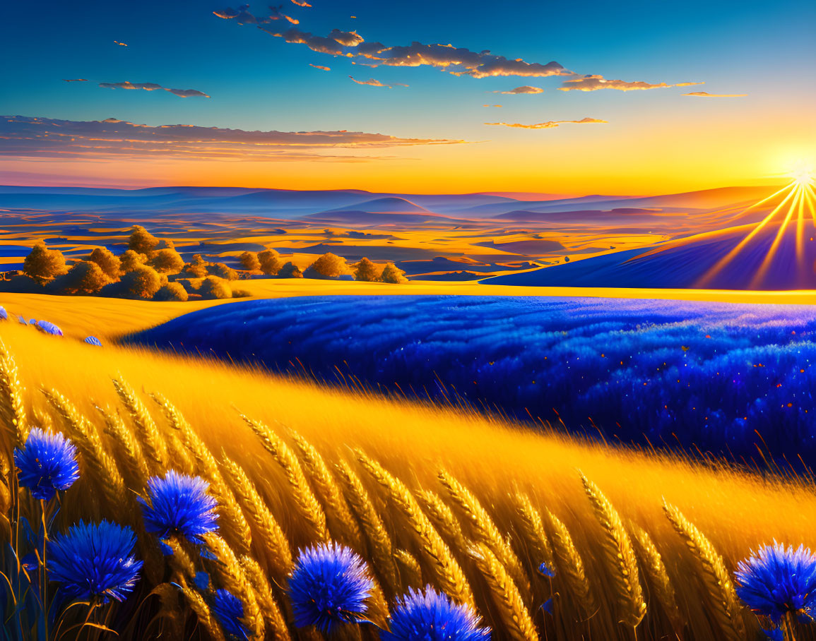 Golden wheat and blue flowers on rolling hills at sunrise