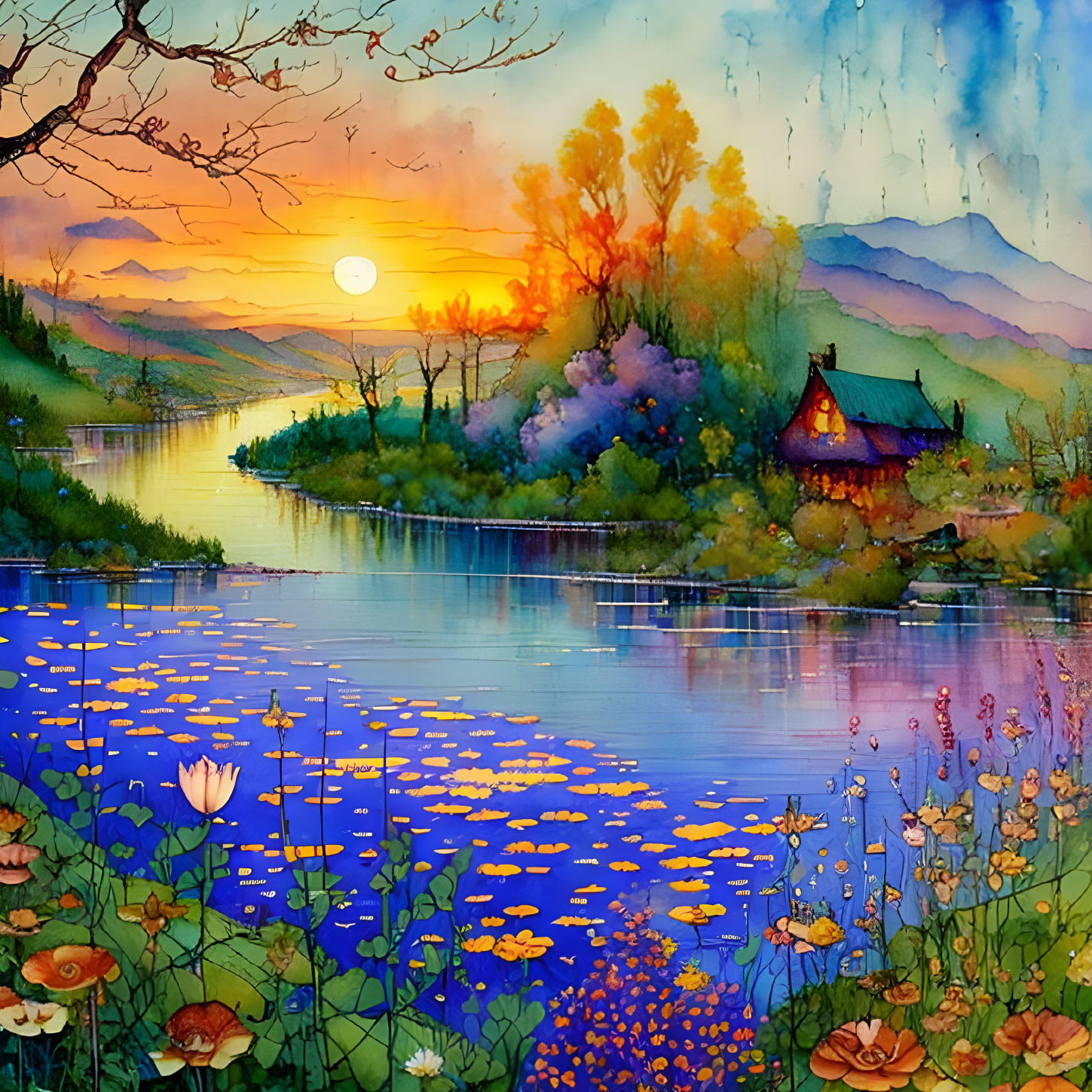 Scenic watercolor painting: sunset, cottage, river, flora, mountain