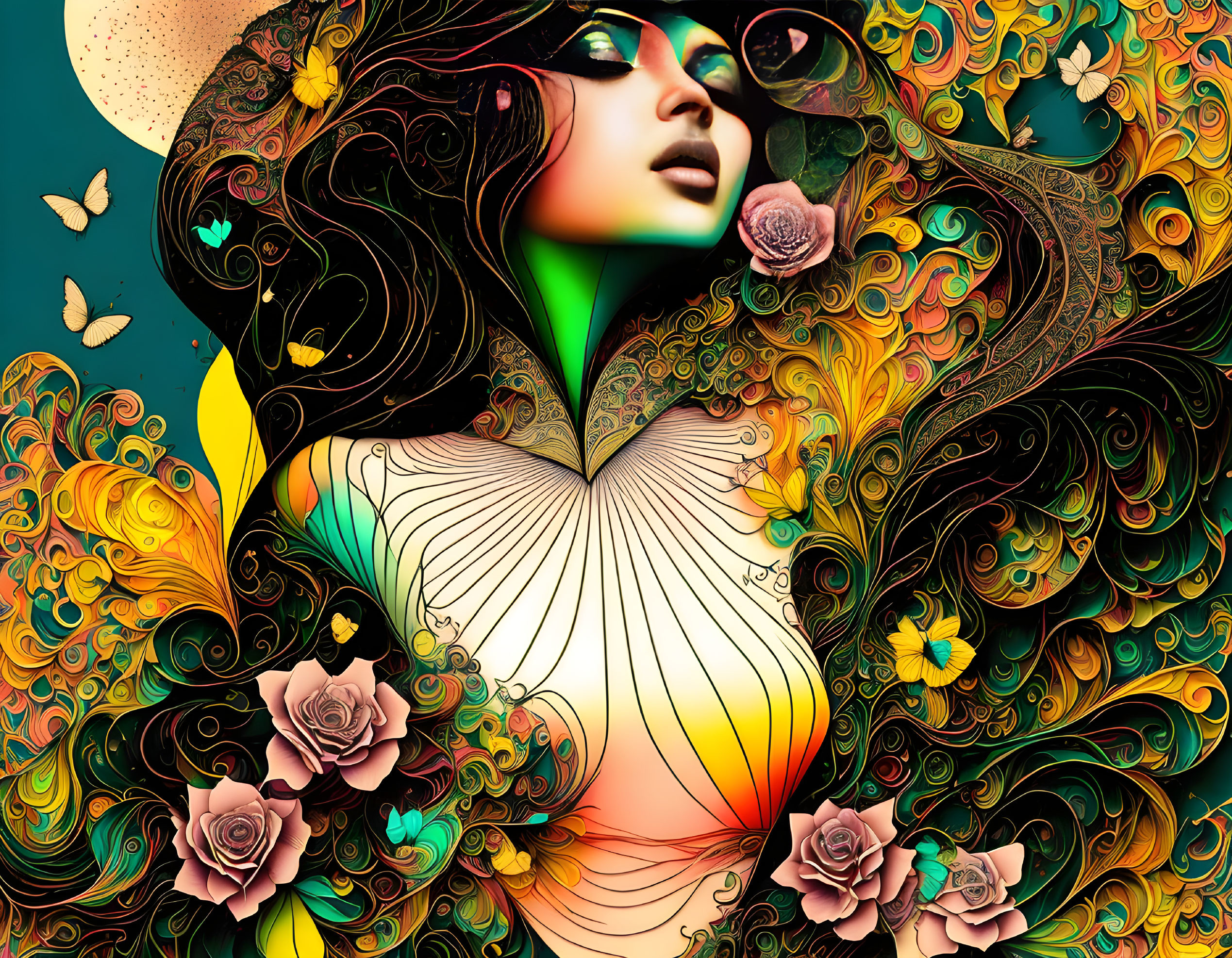 Colorful digital artwork: Woman with sunglasses amid floral patterns & butterflies