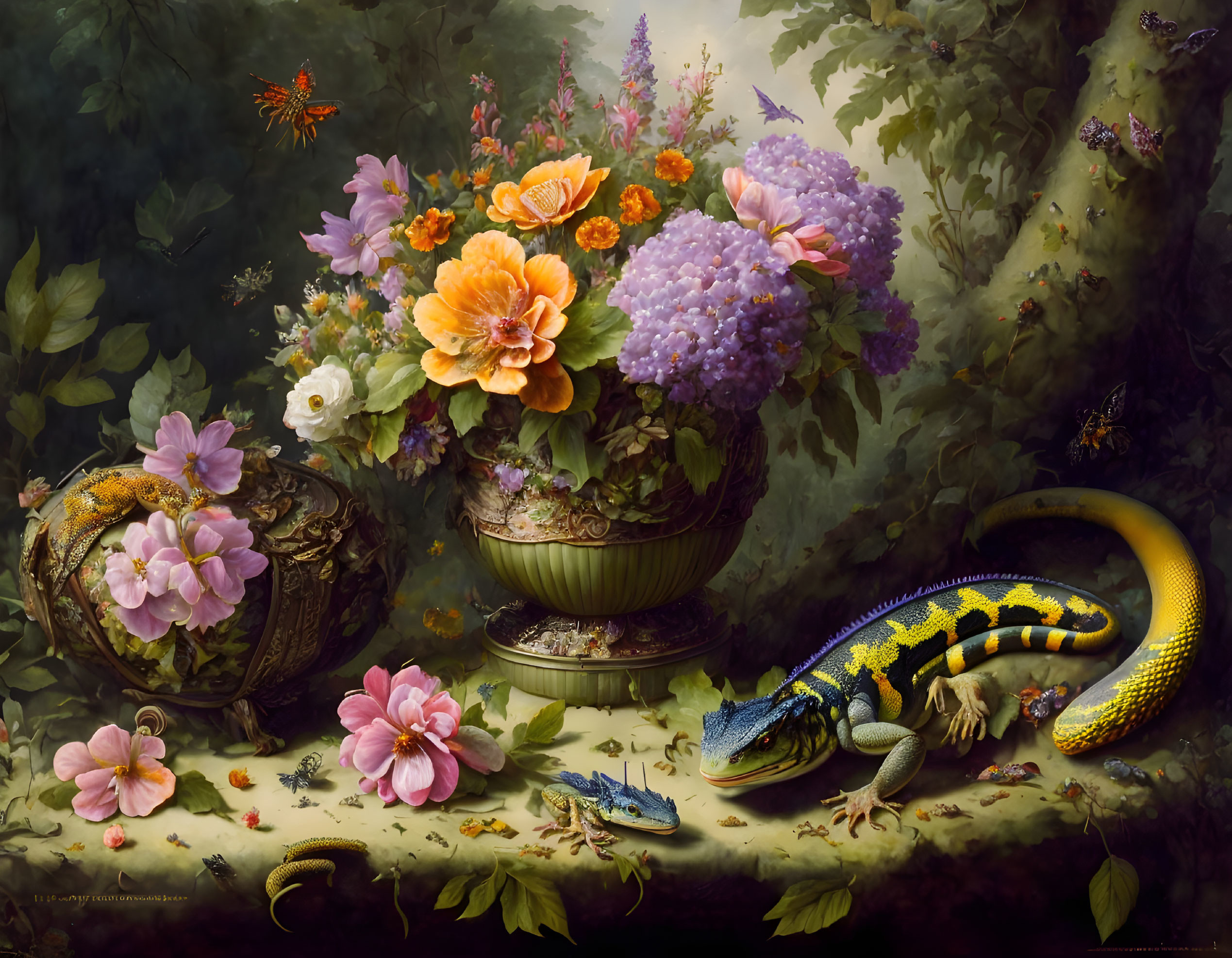 Colorful Salamander Among Flowers, Butterflies, and Insects