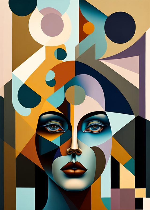 Vivid Cubist Face Painting with Geometric Shapes and Blue Eyes