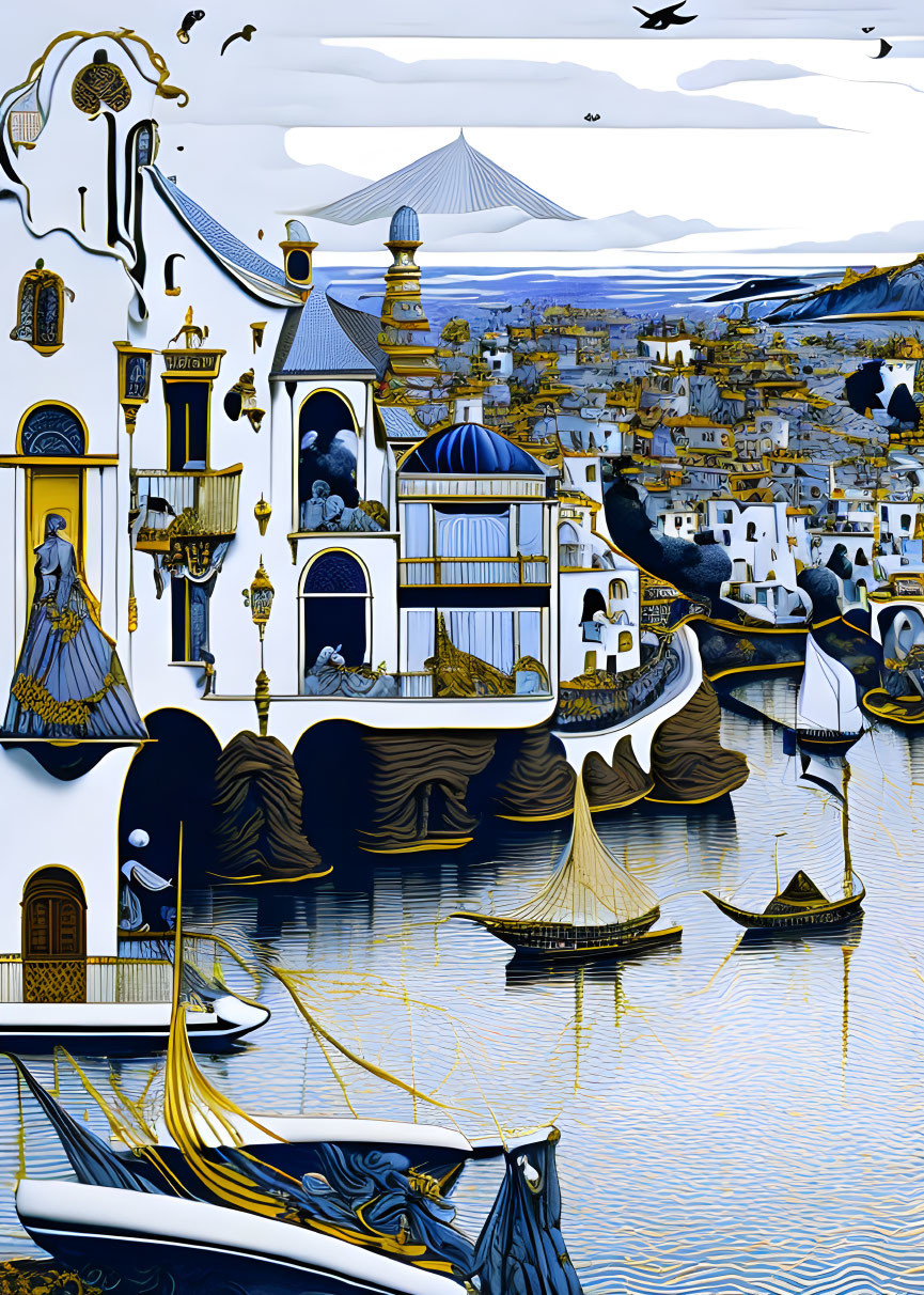 Surrealistic coastal town illustration with blue and white buildings