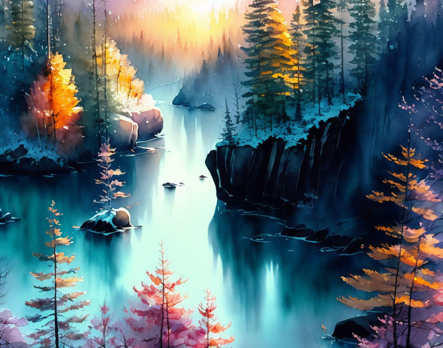 Colorful Autumn Forest Watercolor Painting at Sunset/Sunrise