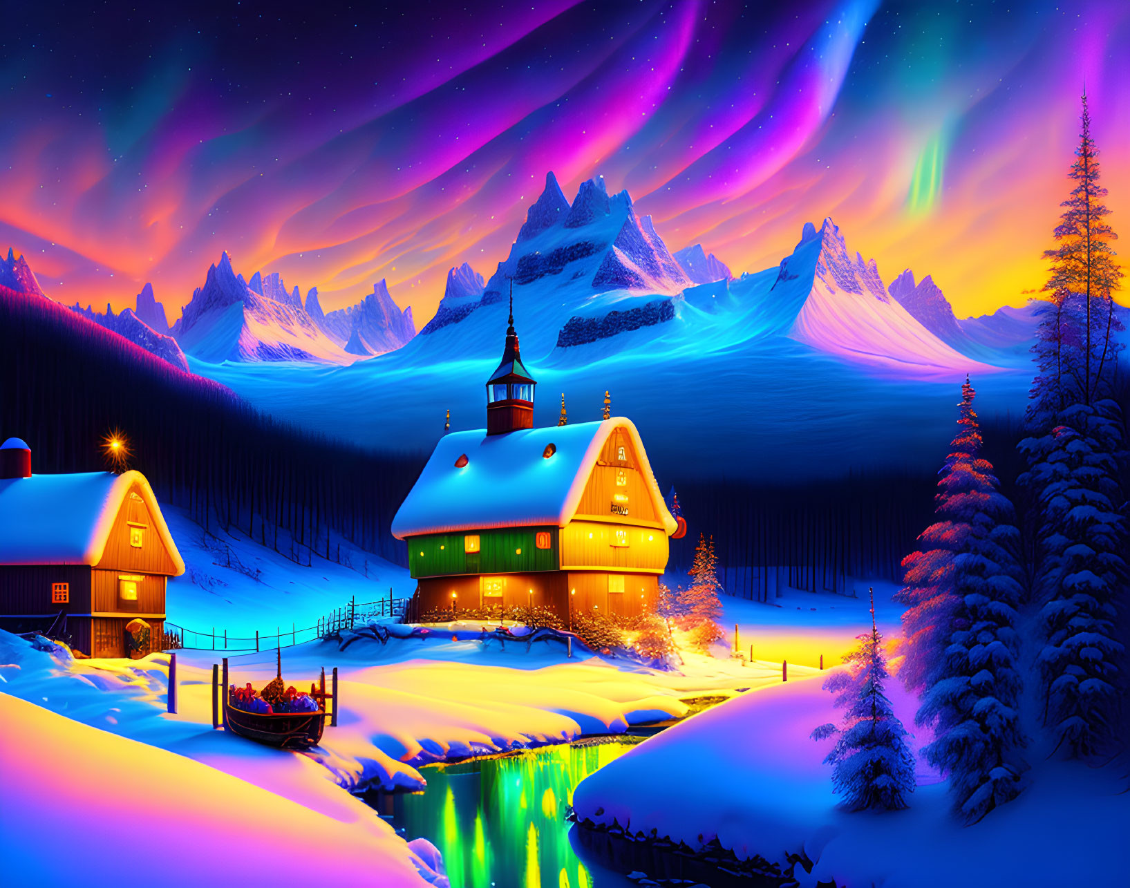 Aurora Over Snowy Mountain Landscape with Cozy Cabin