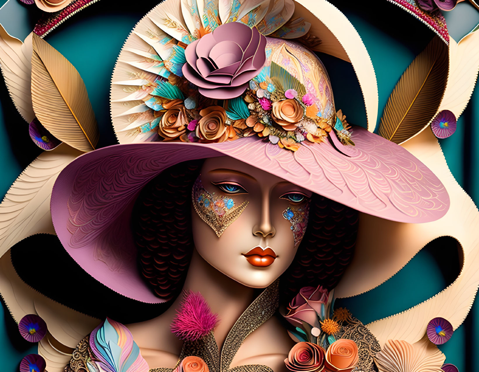 Detailed Artistic Illustration of Woman with Floral Hat & Makeup