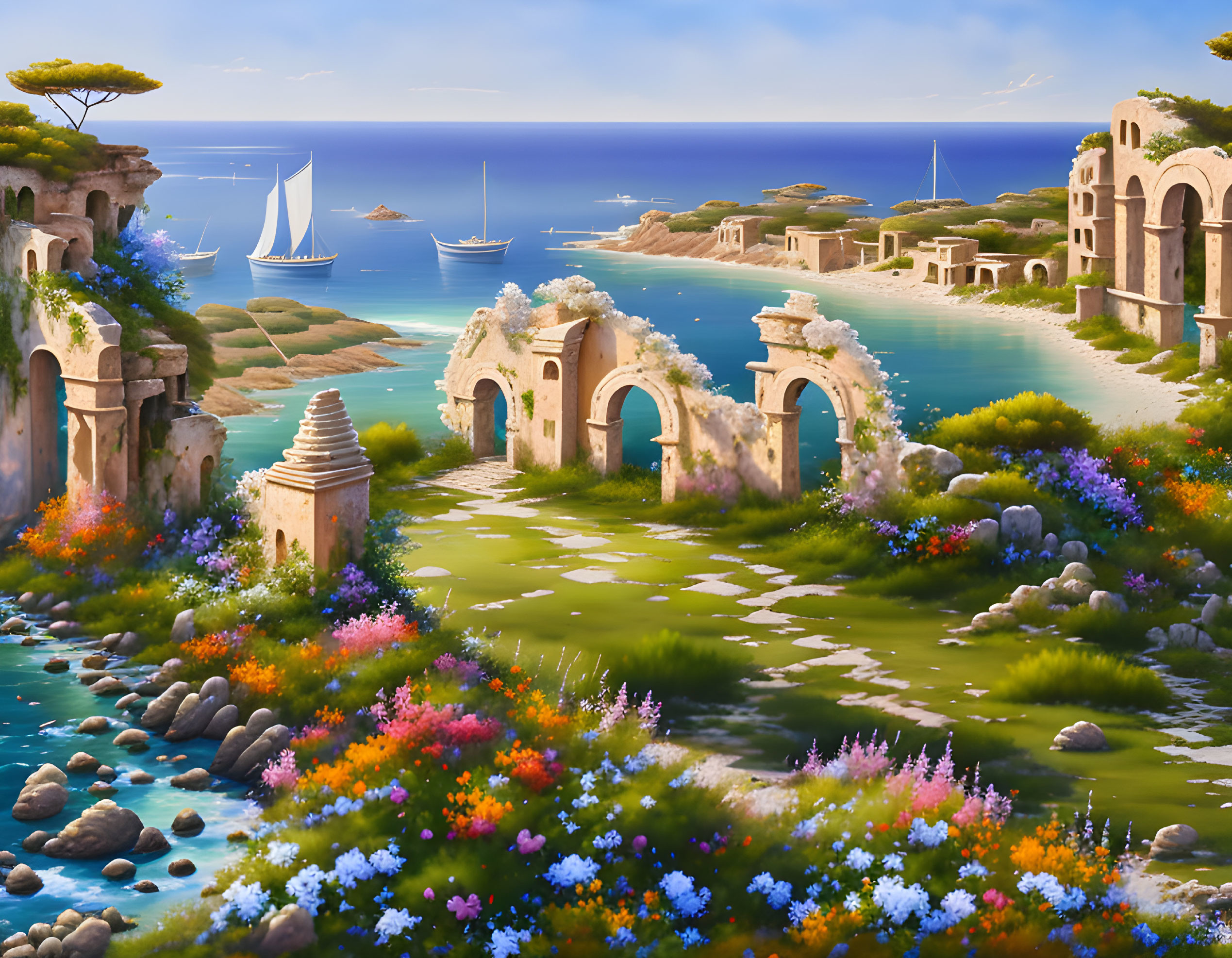 Colorful flora, ancient ruins, and serene waters in fantasy seaside landscape