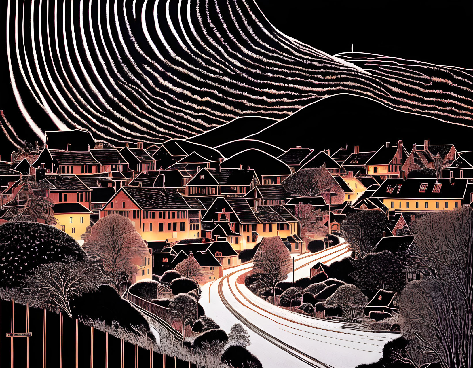 Nighttime village scene with illuminated houses and swirling sky patterns