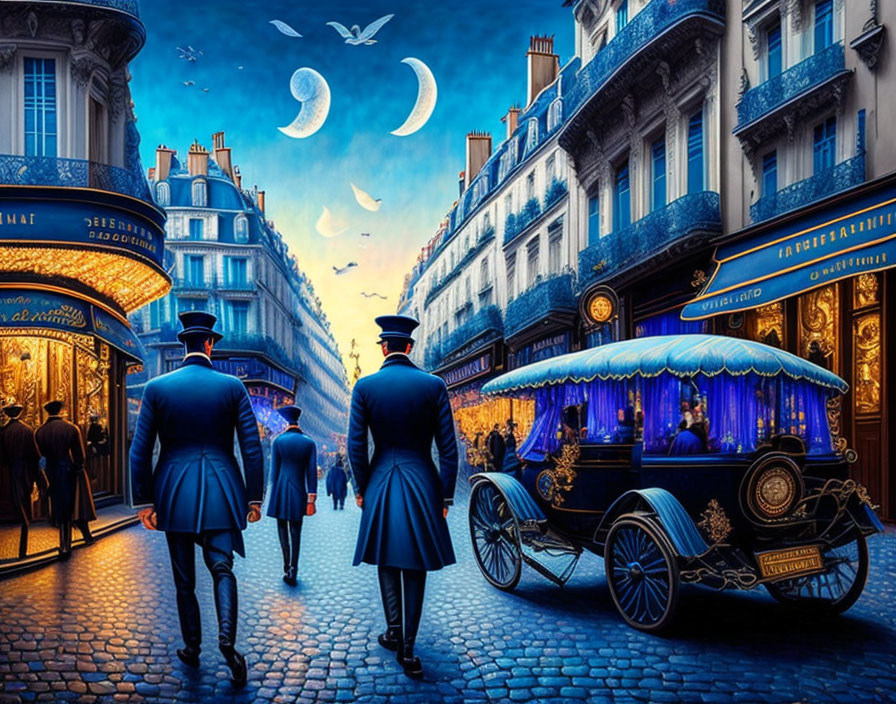 Uniformed men approach vintage carriage on Parisian street at twilight