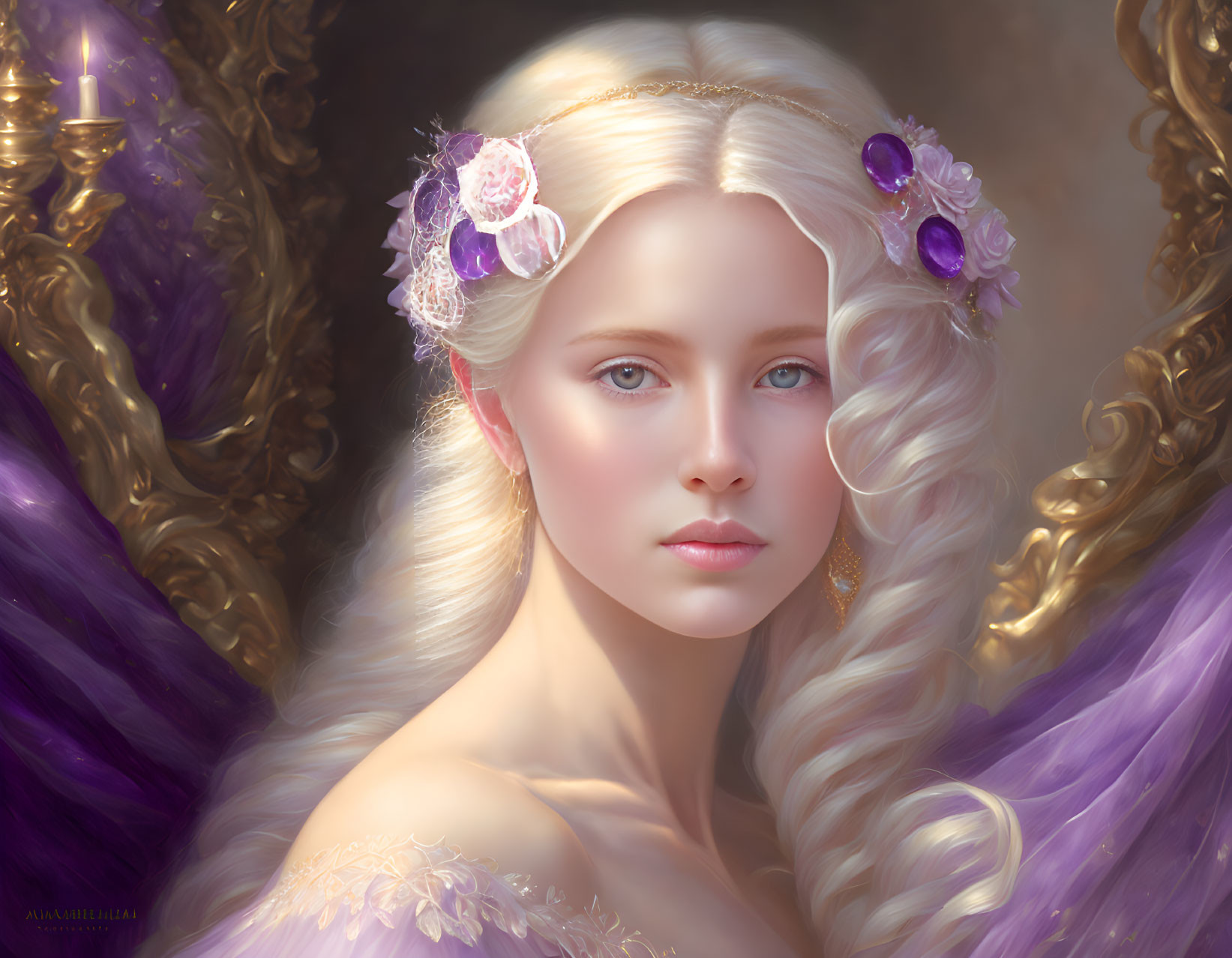 Portrait of ethereal woman with wavy blonde hair and purple flowers, deep blue eyes, in off