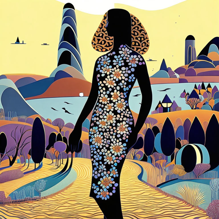 Colorful Flower-Filled Woman Silhouette on Vibrant Abstract Landscape