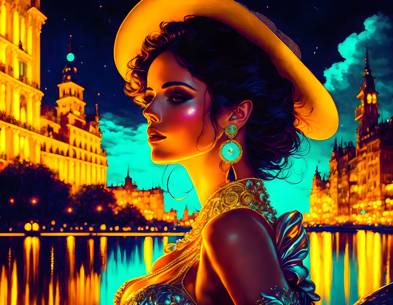 Stylized portrait of woman in wide-brimmed hat against vibrant cityscape.