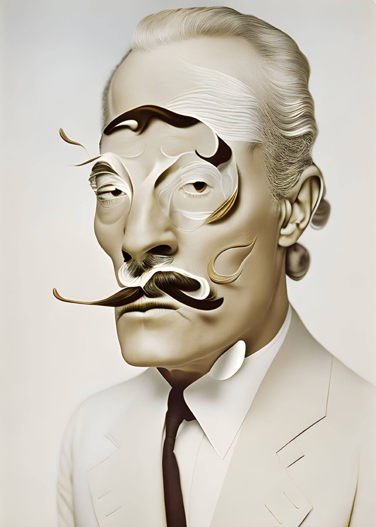 Exaggerated curly mustache man in white suit portrait