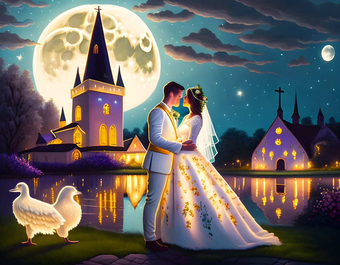 Newlywed couple embracing by lakeside with church, full moon, and swans.