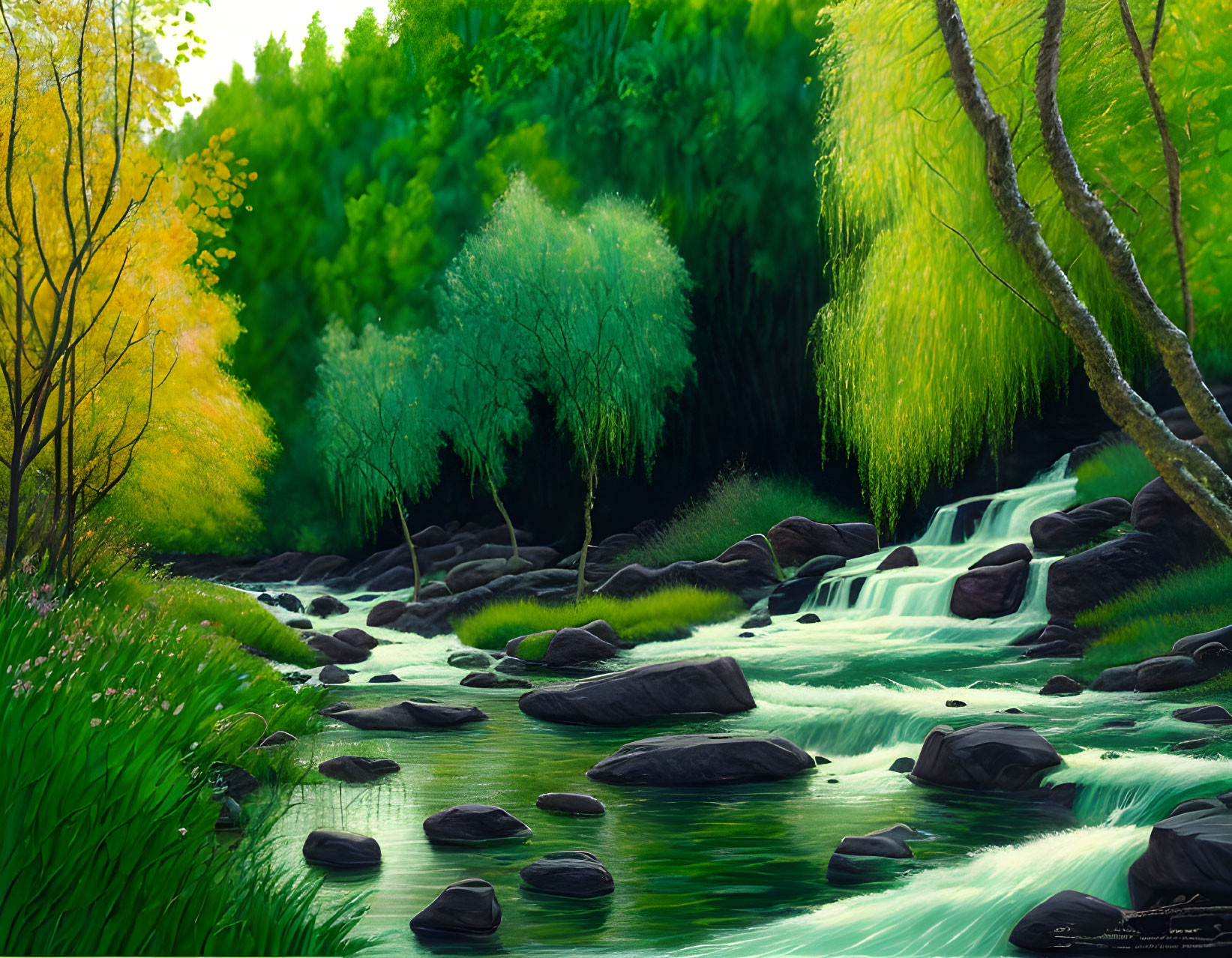 Tranquil stream with cascading water amid lush landscape