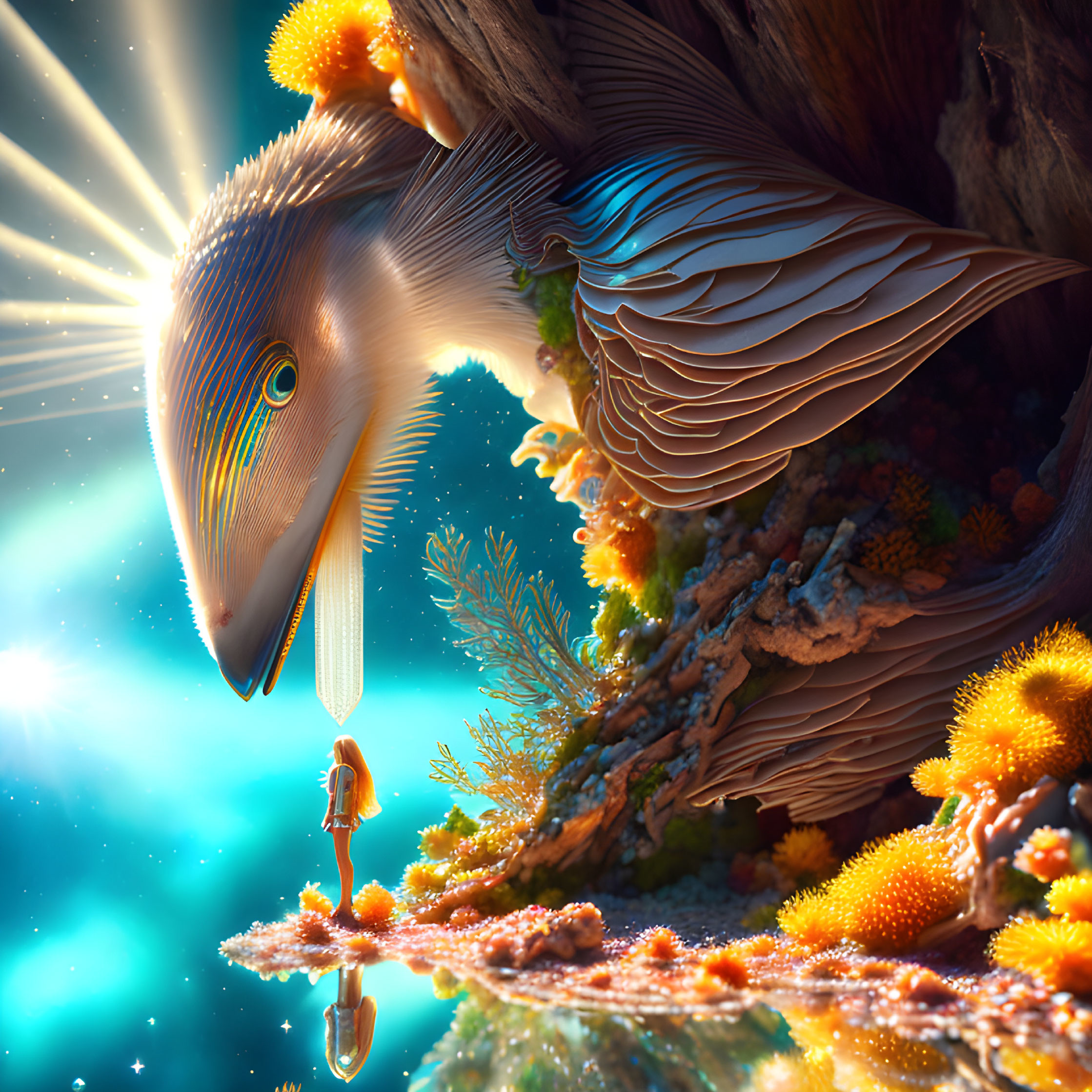 Giant bird-like creature near tree with tiny human figure in vibrant scene