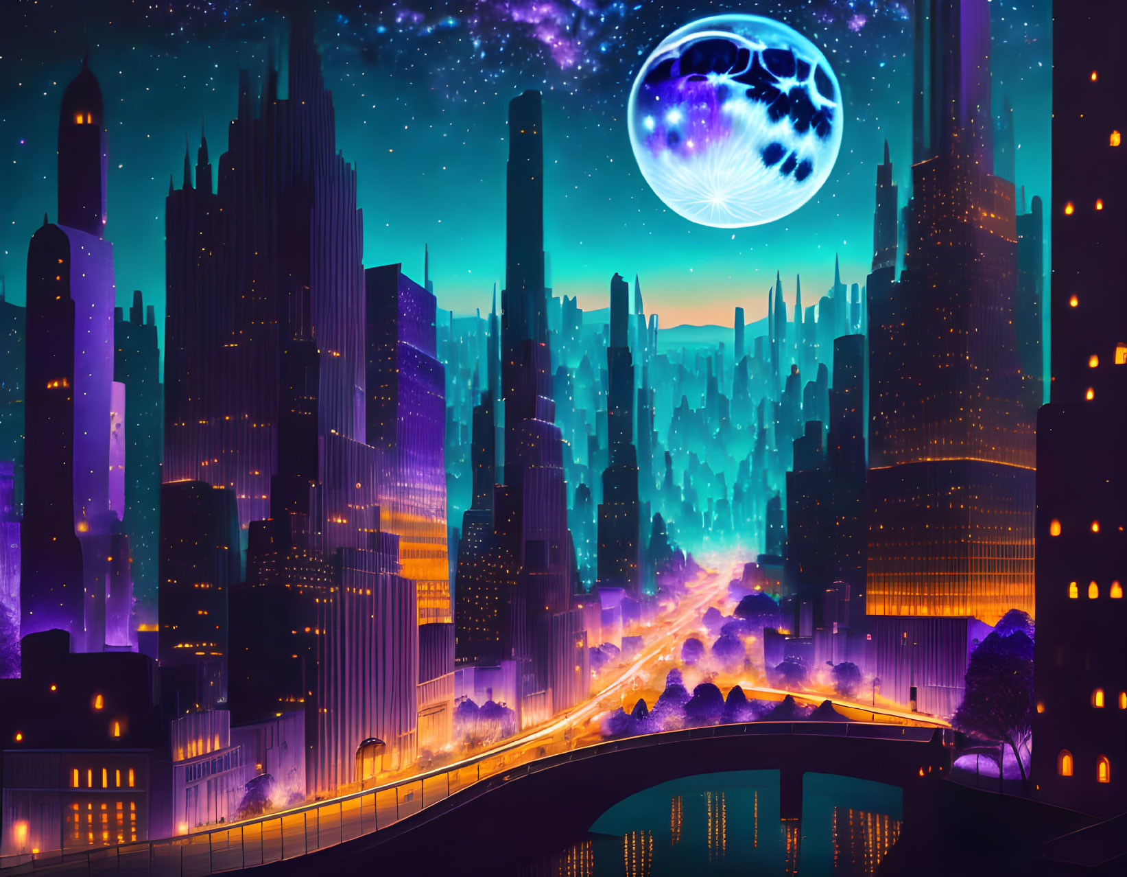 Futuristic neon-lit cityscape with skyscrapers, bridge, moon, and space imagery