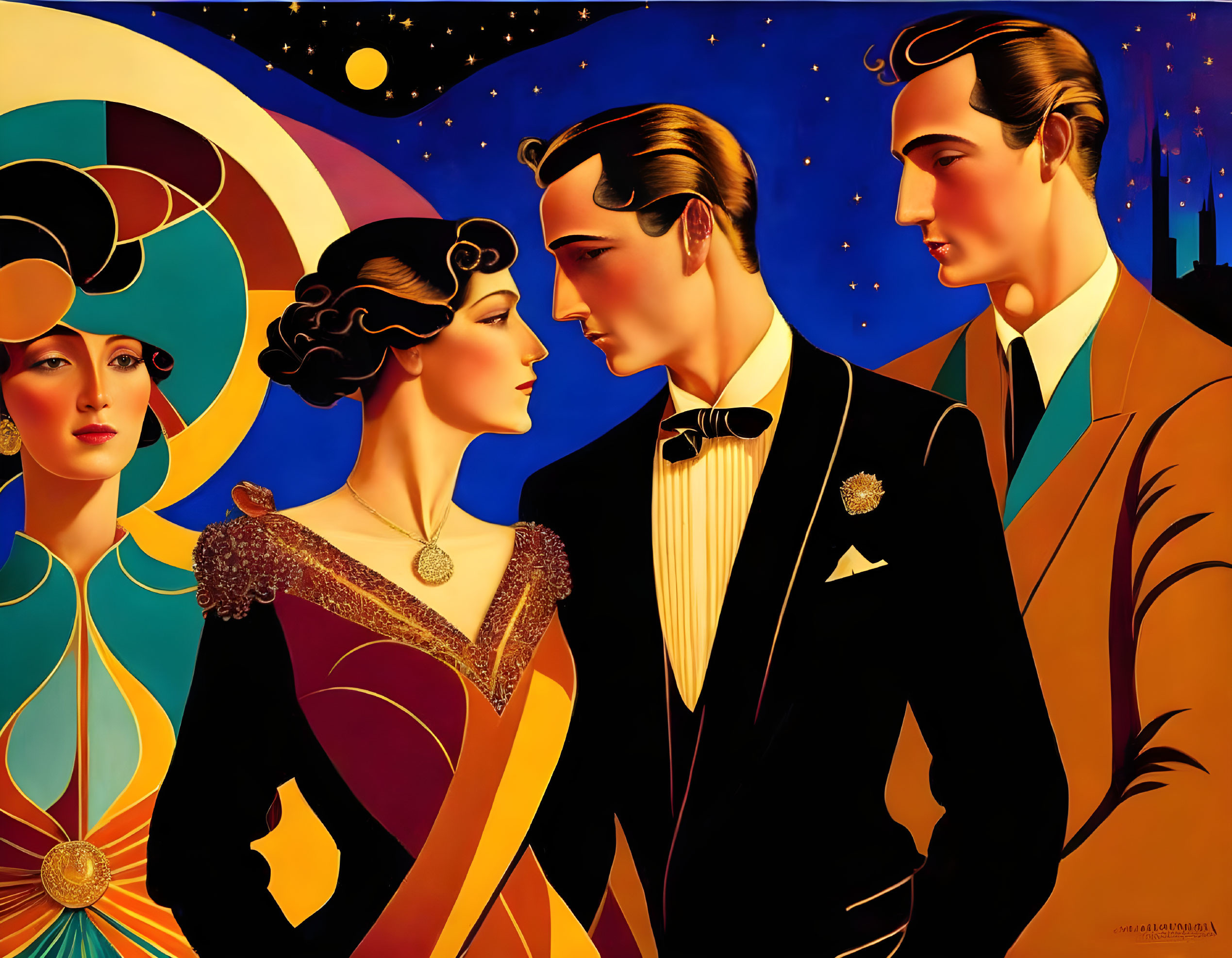 Elegant Art Deco Style Painting of Two Men and Flapper Woman