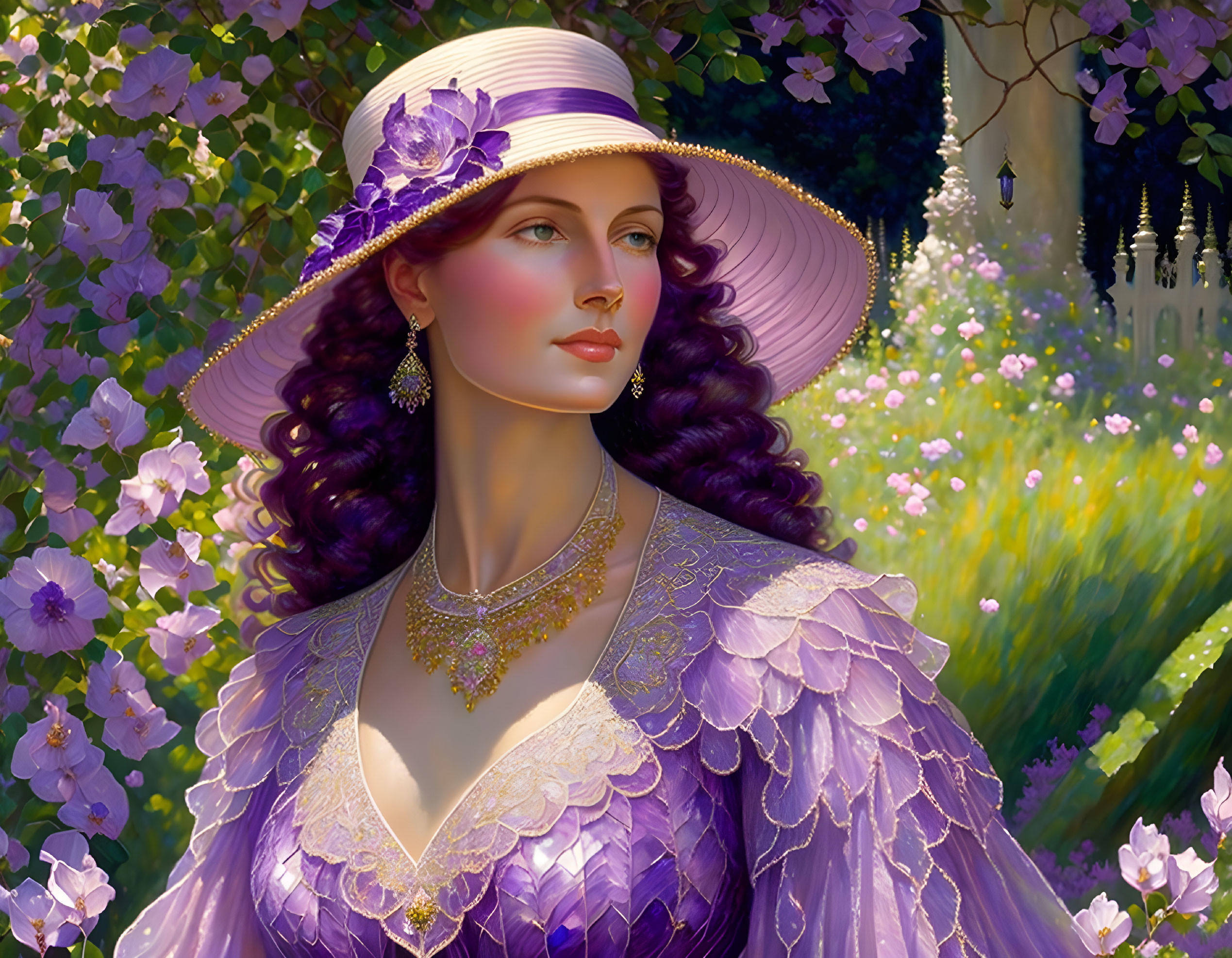 Woman in Purple Dress and Flower Hat in Sunlit Garden