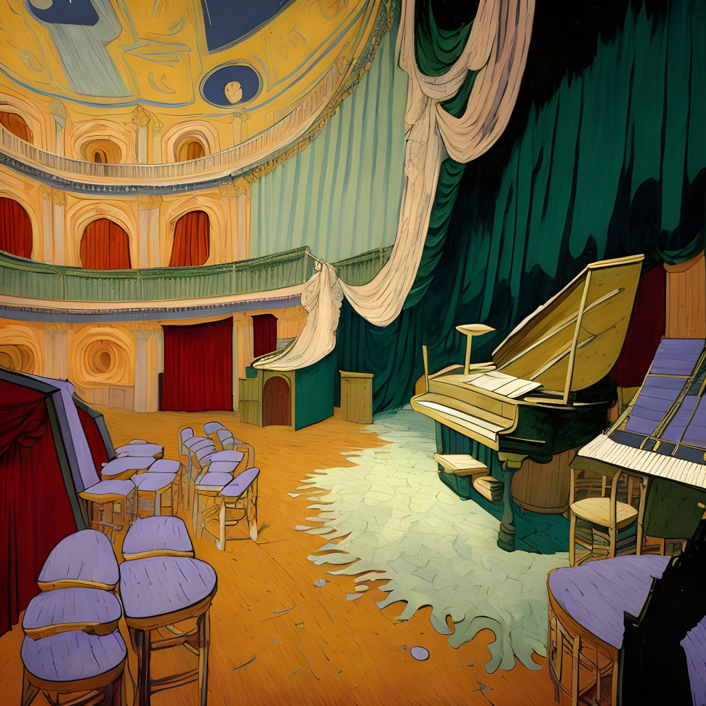 Ornate theater interior with balcony seating and grand piano