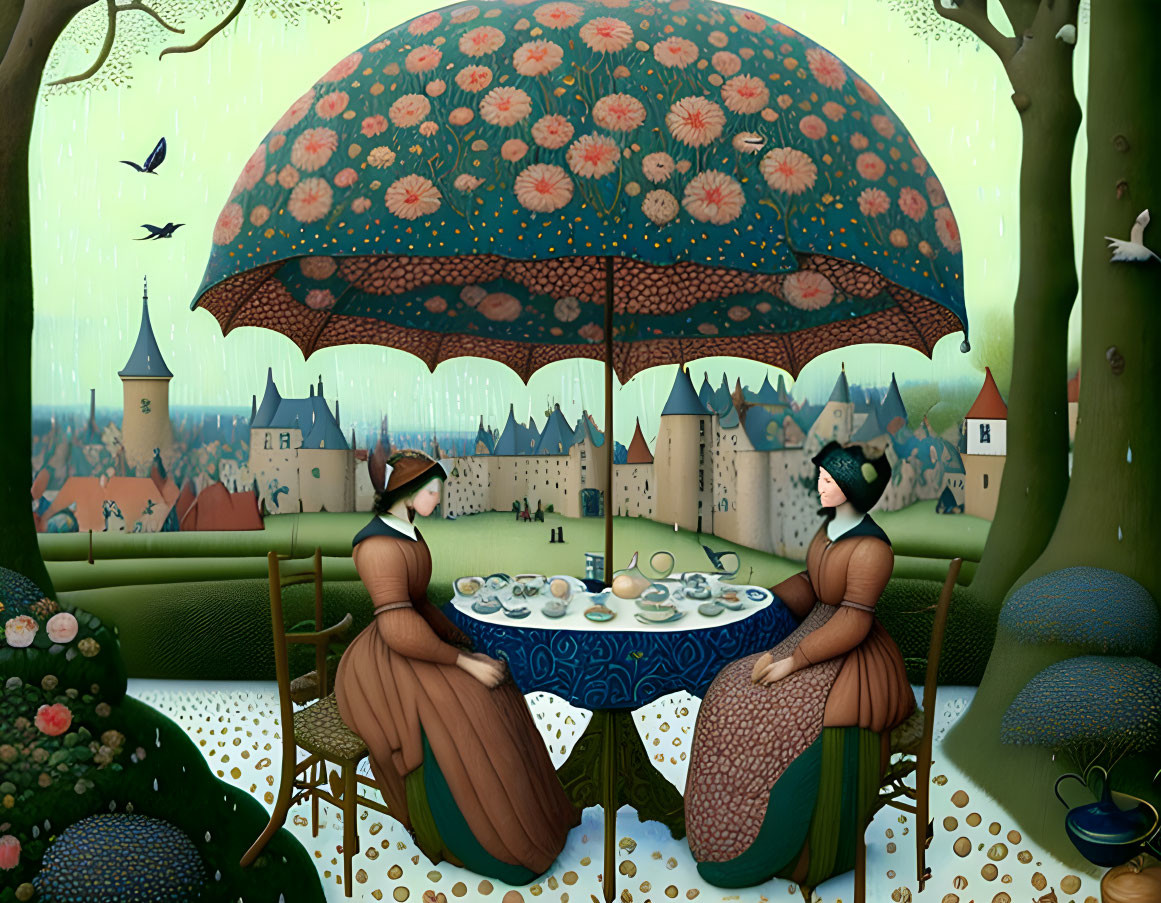 Stylized women at floral table under umbrella in surreal green landscape