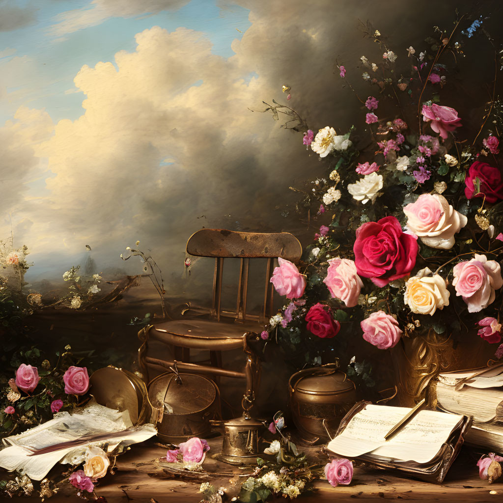 Classic Still Life Painting with Roses, Book, Copper Pots, and Palette