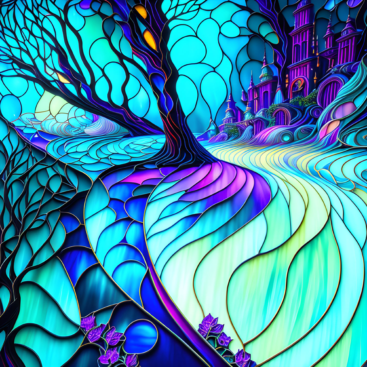 Colorful digital artwork: Whimsical tree, swirling branches, psychedelic landscape, castle silhouette