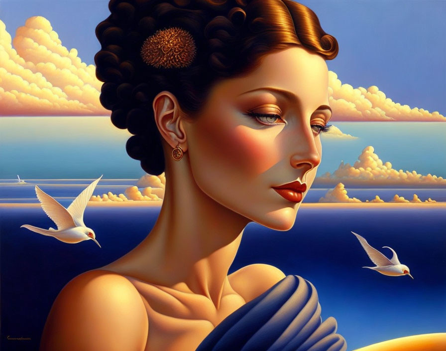 Profile view painting of woman with intricate hairpiece against sunset clouds and birds.