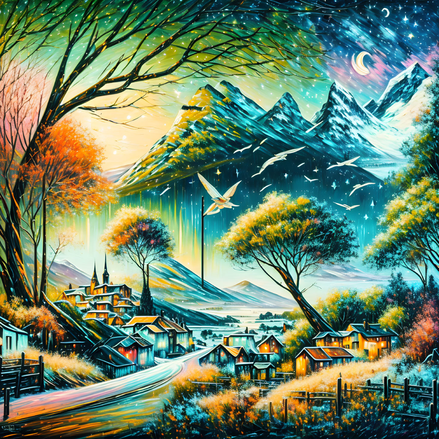 Colorful village painting with bird, mountains, and aurora borealis