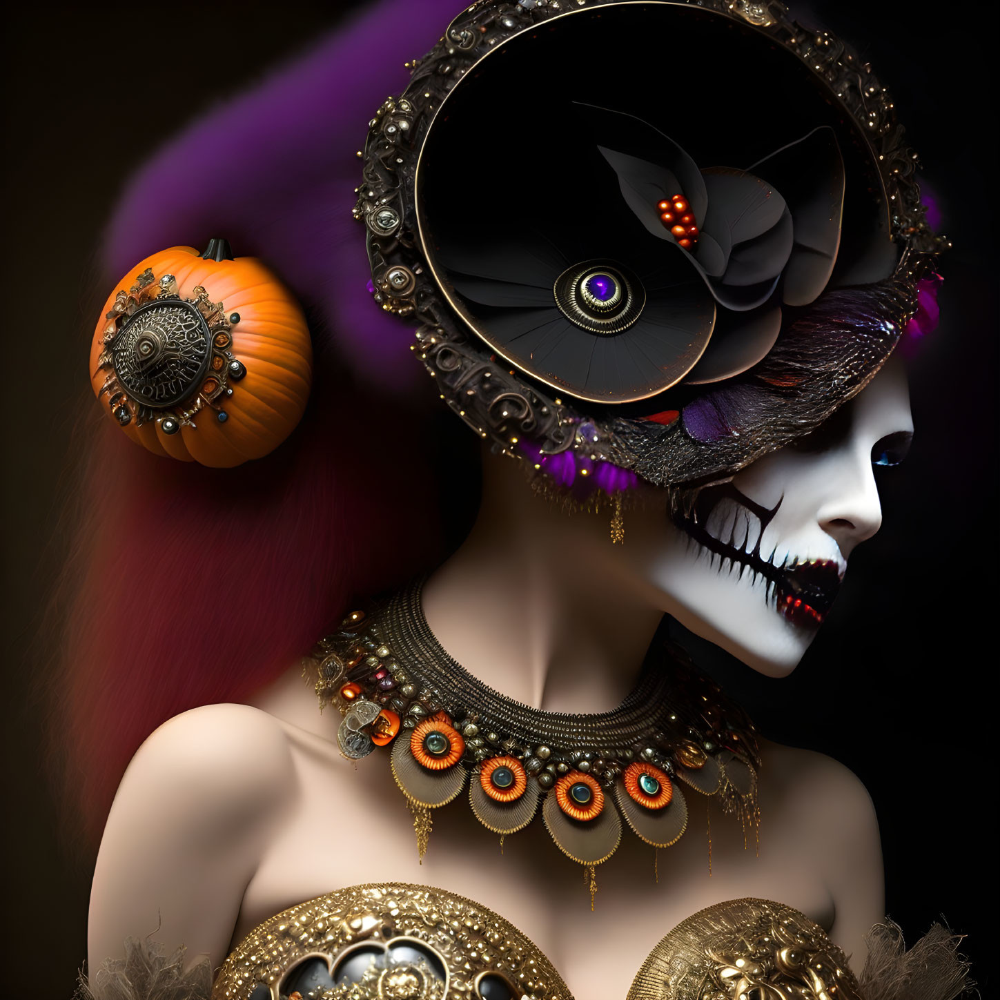 Surreal Woman with Gothic Makeup and Eye Headpiece in Orange and Purple