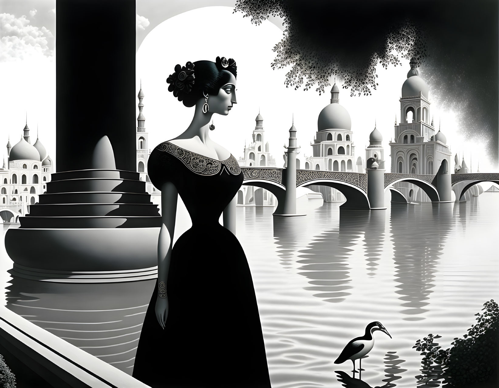 Woman in Black Dress Overlooking Monochromatic Cityscape