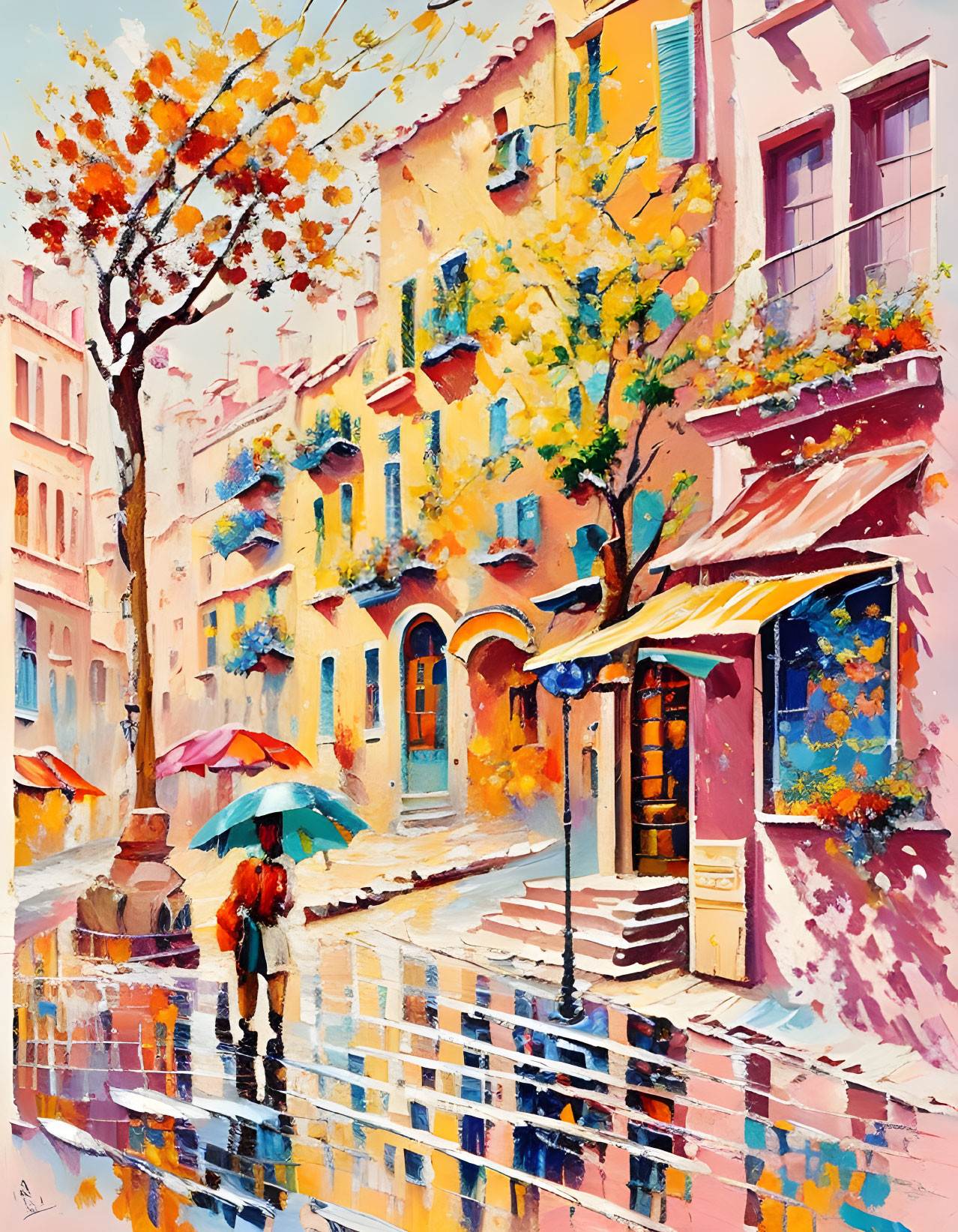 Colorful street scene with reflections, umbrella holder, and autumn trees