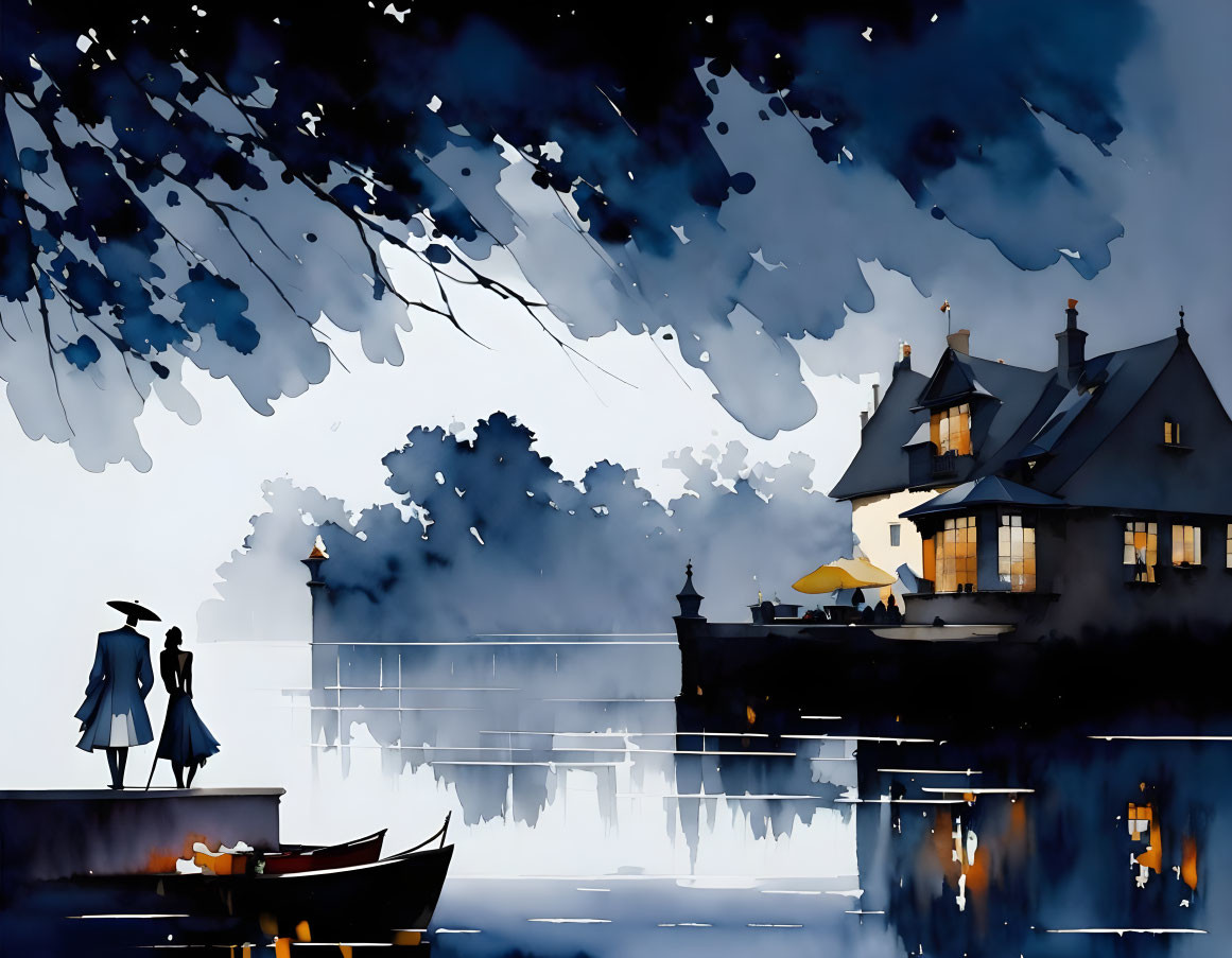 Silhouetted figures near water with house and boat reflection under night sky